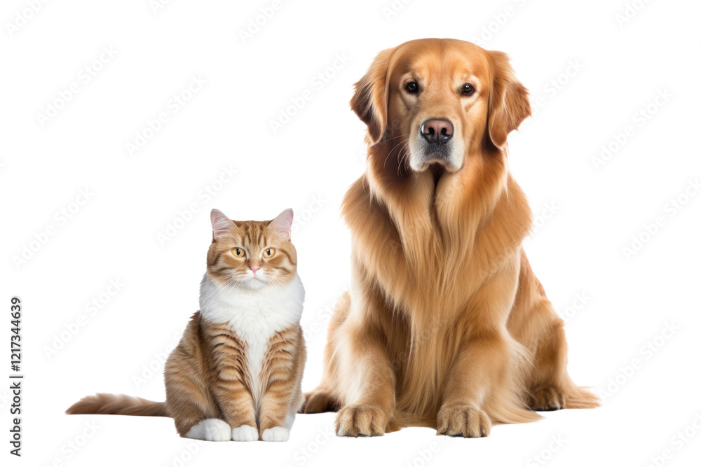 A calm British Shorthair cat with a fluffy Golden Retriever, sitting side by side, both looking at the camera, showing their calm and friendly expressions. A calm British Shorthair cat with a fluffy Golden Retriever, sitting side by side, both looking at the camera, showing their calm and friendly expressions.