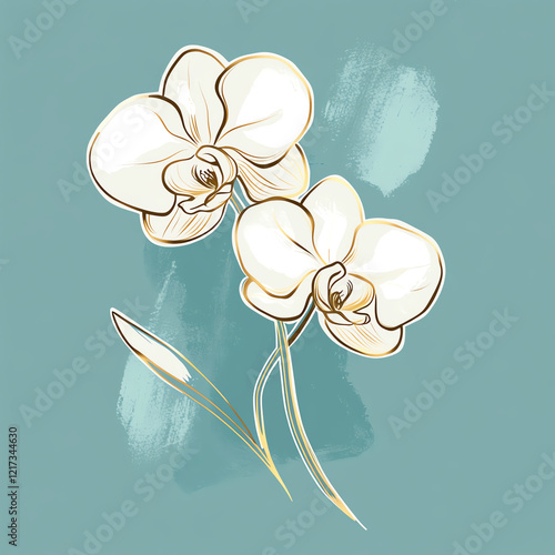 Elegant illustration of two white orchids on a teal background, perfect for nature-themed designs and floral decor. photo