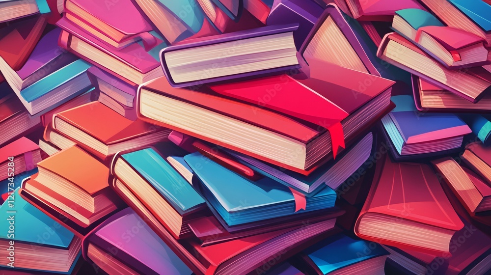 A vibrant collection of colorful books stacked haphazardly, showcasing their spines and bookmarks amidst a playful arrangement. A vibrant collection of colorful books stacked haphazardly, showcasing their spines and bookmarks amidst a playful arrangement.