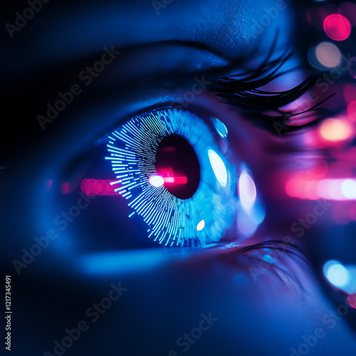 A close-up of a human eye illuminated by vibrant blue and red lights, showcasing a futuristic and high-tech vibe. photo