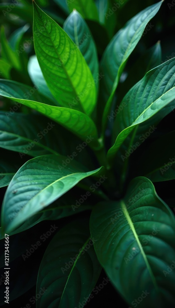 Fototapeta premium Dark leafy greens enveloping a mysterious plant, lush foliage, tropical