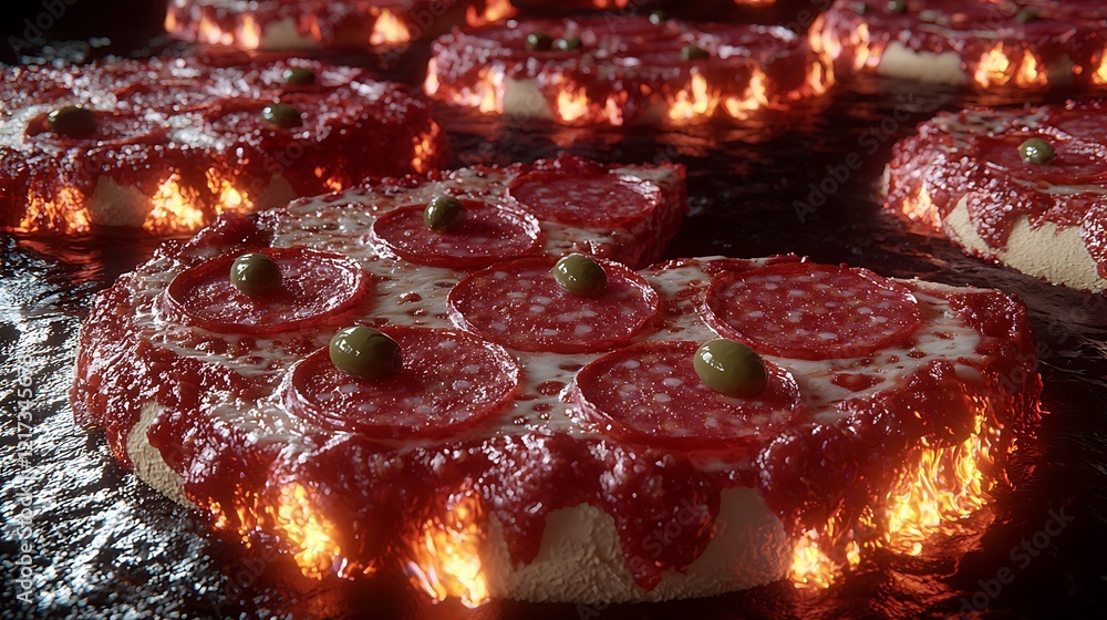 Flaming pepperoni pizzas on dark surface, fiery background, food photography Flaming pepperoni pizzas on dark surface, fiery background, food photography