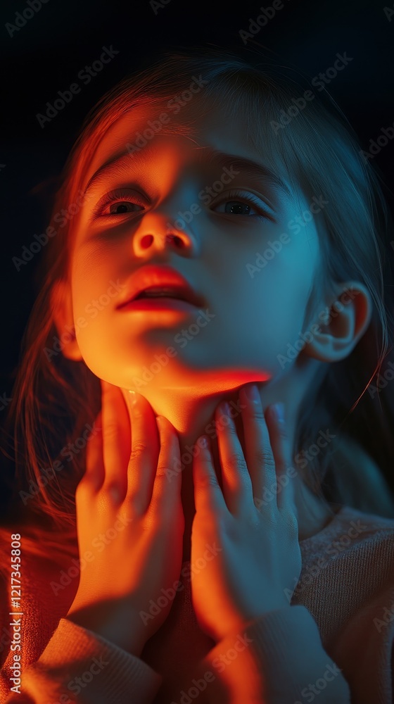 A young girl in vivid blue and orange lighting, capturing a moment of deep thought or emotion, holding her throat. A young girl in vivid blue and orange lighting, capturing a moment of deep thought or emotion, holding her throat.