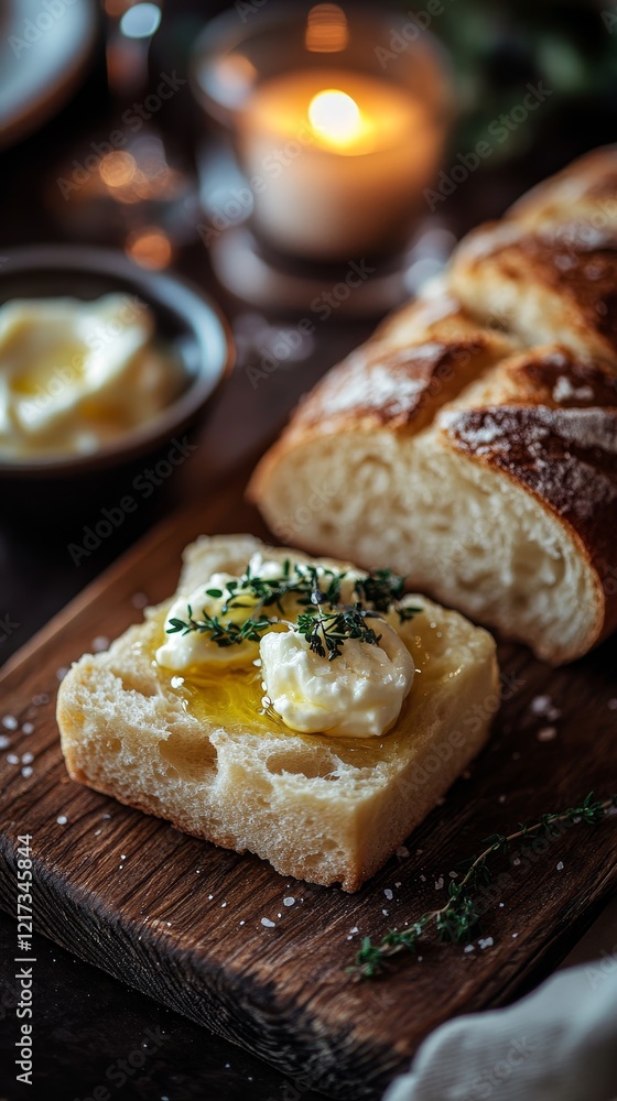 Fototapeta premium Rustic bread slice topped with creamy butter, drizzled with olive oil, and garnished with fresh thyme, perfect for cozy dining.