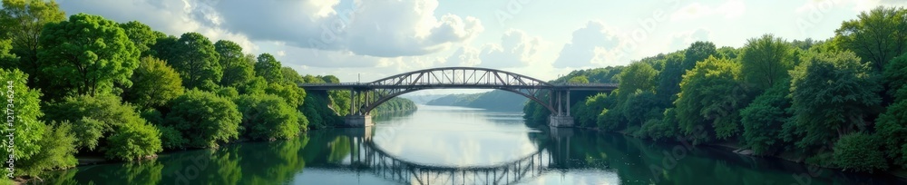 Bridge spanning over the river with lush greenery on either side, horizon, bridge Bridge spanning over the river with lush greenery on either side, horizon, bridge