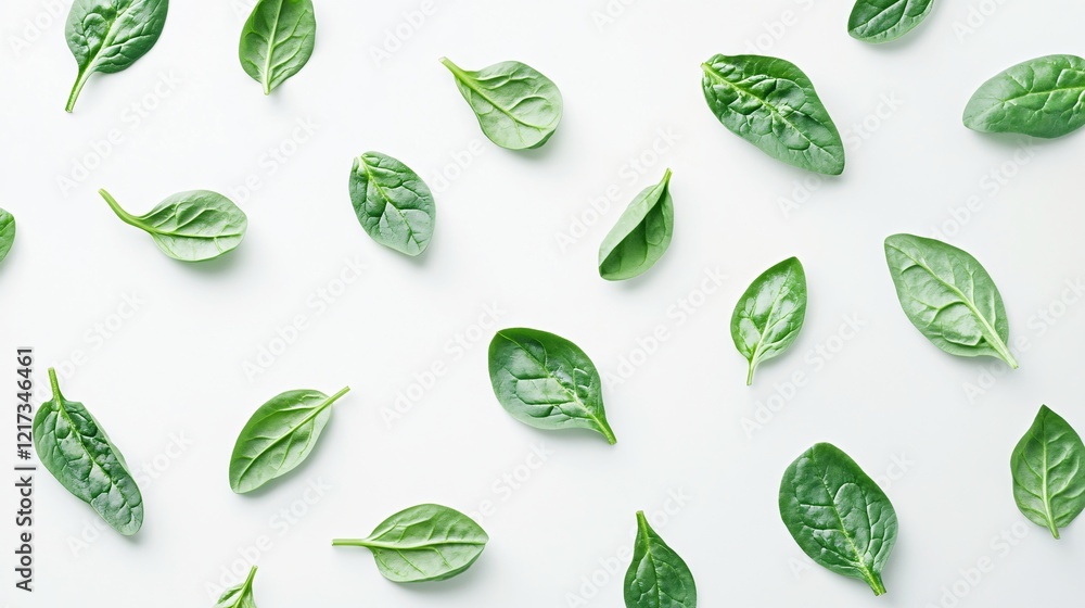Fresh green spinach leaves scattered on a light background, showcasing their vibrant color and texture. Fresh green spinach leaves scattered on a light background, showcasing their vibrant color and texture.
