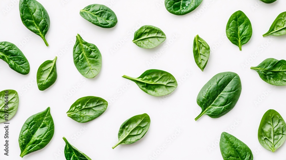 Fresh spinach leaves scattered on a white background, highlighting their vibrant green color and textures. Fresh spinach leaves scattered on a white background, highlighting their vibrant green color and textures.