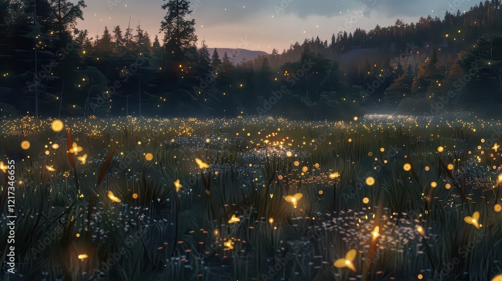 Obraz premium A wide-angle view of a summer meadow illuminated by the glowing lights of fireflies in the evening.