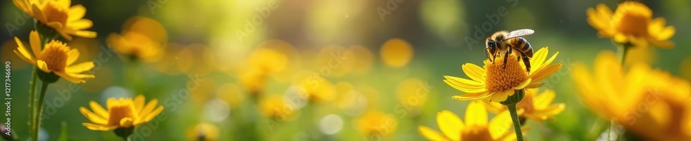 Bees buzz around colorful flowers in a sun-drenched forest clearing, yellow, garden Bees buzz around colorful flowers in a sun-drenched forest clearing, yellow, garden