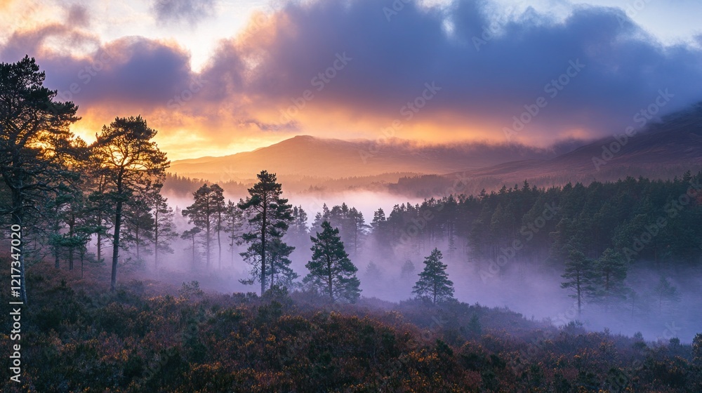 Misty sunrise over a valley with pine trees. Misty sunrise over a valley with pine trees.