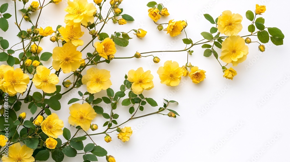 A vibrant arrangement of yellow flowering branches, showcasing nature's beauty with lush green leaves. A vibrant arrangement of yellow flowering branches, showcasing nature's beauty with lush green leaves.