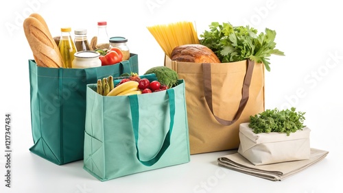 Reusable shopping grocery bags on a white isolated background. Generative AI.