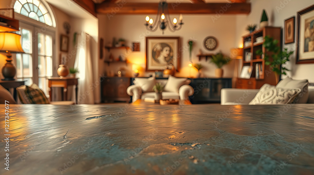 cozy and attractive home background with table top in foreground, warm lighting, comfortable furniture and tasteful decor, cozy and attractive home background with table top in foreground, warm lighting, comfortable furniture and tasteful decor,