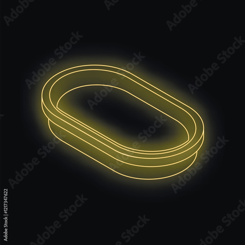 Glowing yellow neon outline of an empty oval bathtub creates a modern and minimalist design on a black background