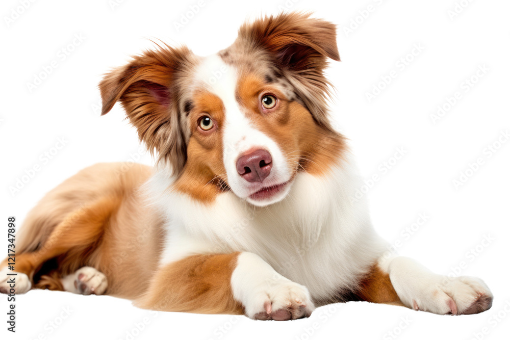 A delightful portrait of a playful Australian Shepherd puppy sprawled out on a bright white background. Its big, round eyes and fluffy tail are prominent A delightful portrait of a playful Australian Shepherd puppy sprawled out on a bright white background. Its big, round eyes and fluffy tail are prominent