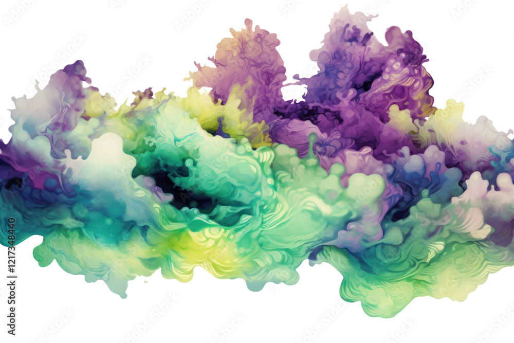 Fototapeta premium A dynamic composition of whimsical clouds in shades of purple, turquoise, and lime green, forming interesting shapes against a clear sky. The colors blend harmoniously