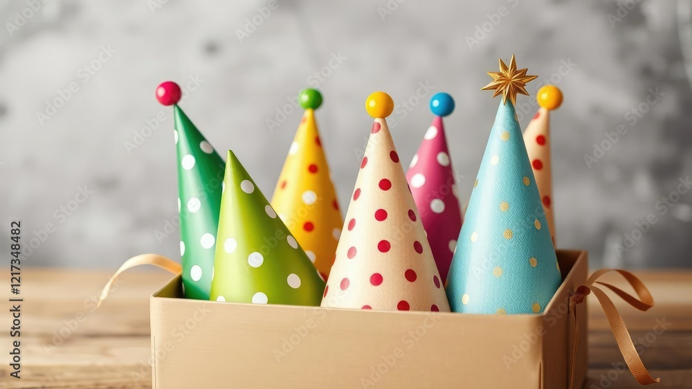 Obraz premium Group of party hats in a decorative gift box, gift box, party hats