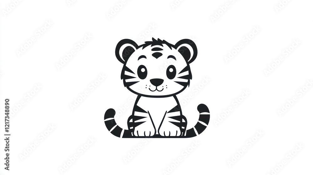 Naklejka premium Cute cartoon tiger cub sitting, white background, children's illustration