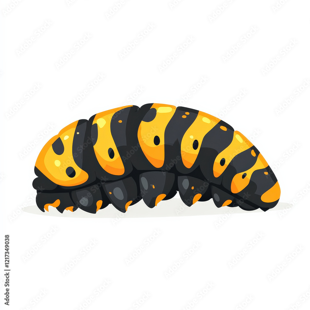 Fototapeta premium Black and yellow striped caterpillar; segmented body; isolated on white.