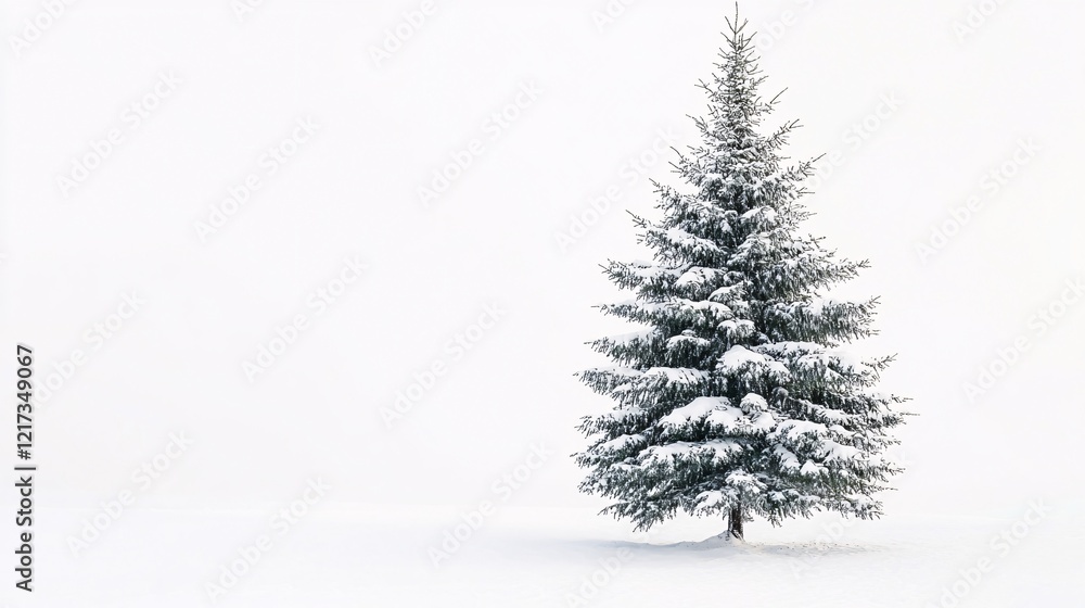 A solitary evergreen tree dusted with snow stands gracefully in a serene winter landscape. A solitary evergreen tree dusted with snow stands gracefully in a serene winter landscape.
