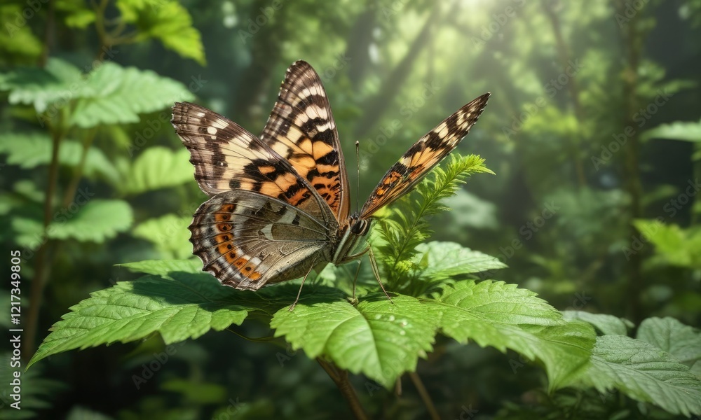 Green nettle leaf with Speckled Wood Pararge aegeria butterfly in habitat, foliage, wildflower Green nettle leaf with Speckled Wood Pararge aegeria butterfly in habitat, foliage, wildflower