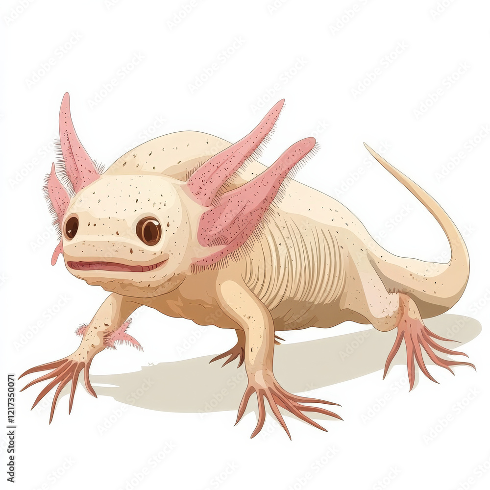 Albino axolotl, detailed illustration, pale skin, feathery gills. Albino axolotl, detailed illustration, pale skin, feathery gills.