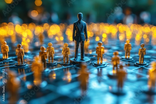 Standing Out: A lone figure in a dark suit stands tall amidst a sea of golden figures, symbolizing individuality and leadership in a connected world. photo