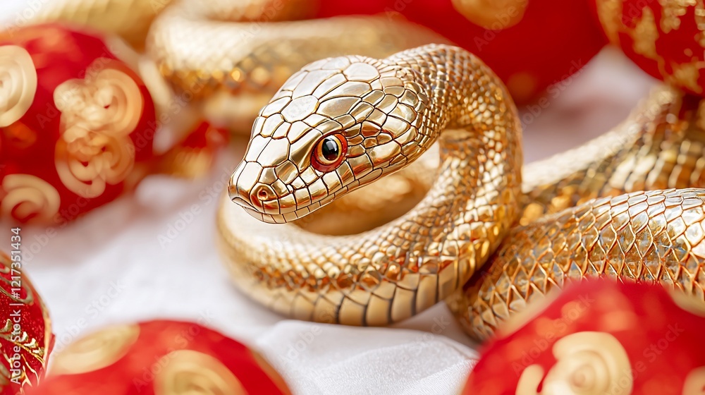 Golden snake figurine among red Chinese New Year decorations. Golden snake figurine among red Chinese New Year decorations.