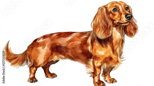 Longhaired Dachshund dog, watercolor style, white background, pet portrait, print design