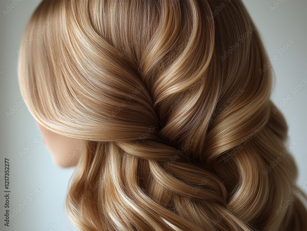 Fototapeta premium Close-up of elegantly styled wavy blonde hair showcasing texture and shine.