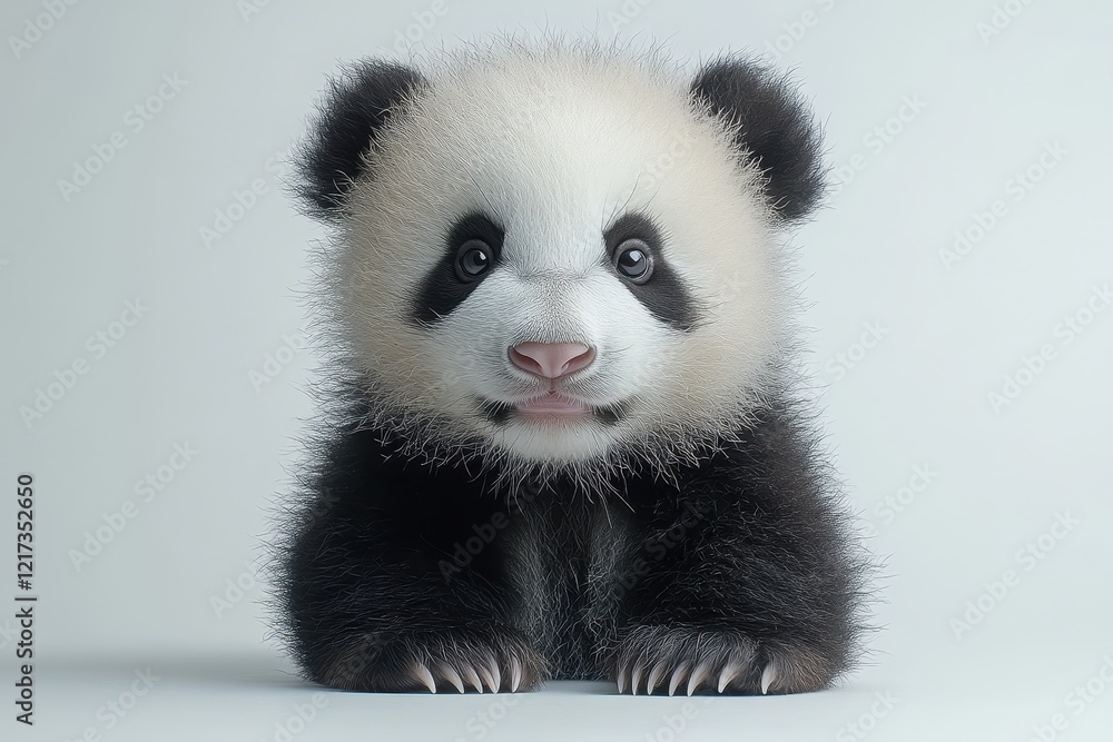 Naklejka premium A cute panda cub with distinctive black and white fur, looking directly at the viewer.