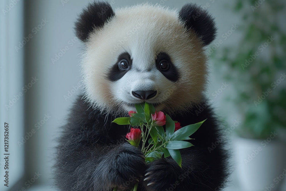 Naklejka premium A cute panda cub holding flowers, showcasing a playful and gentle demeanor.