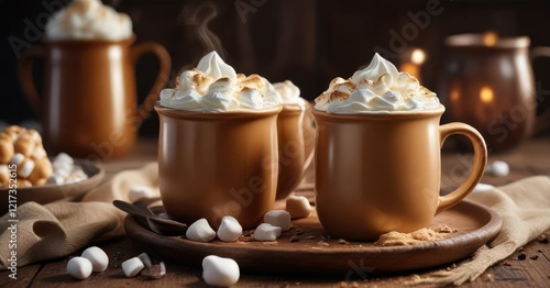 Wallpaper Mural Golden brown hot chocolate topped with marshmallows and whipped cream in a rustic ceramic mug, natural, fireplace, hot chocolate Torontodigital.ca