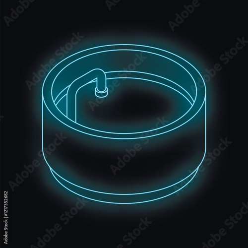 Glowing neon blue isometric water tank filling up with faucet, isolated on black background