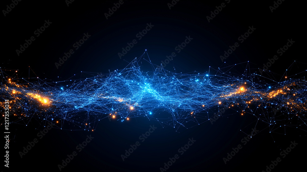 Fototapeta premium Abstract Digital Nebula: A mesmerizing visualization of interconnected data points, forming a nebula-like structure with vibrant blue and orange hues against a deep black background.