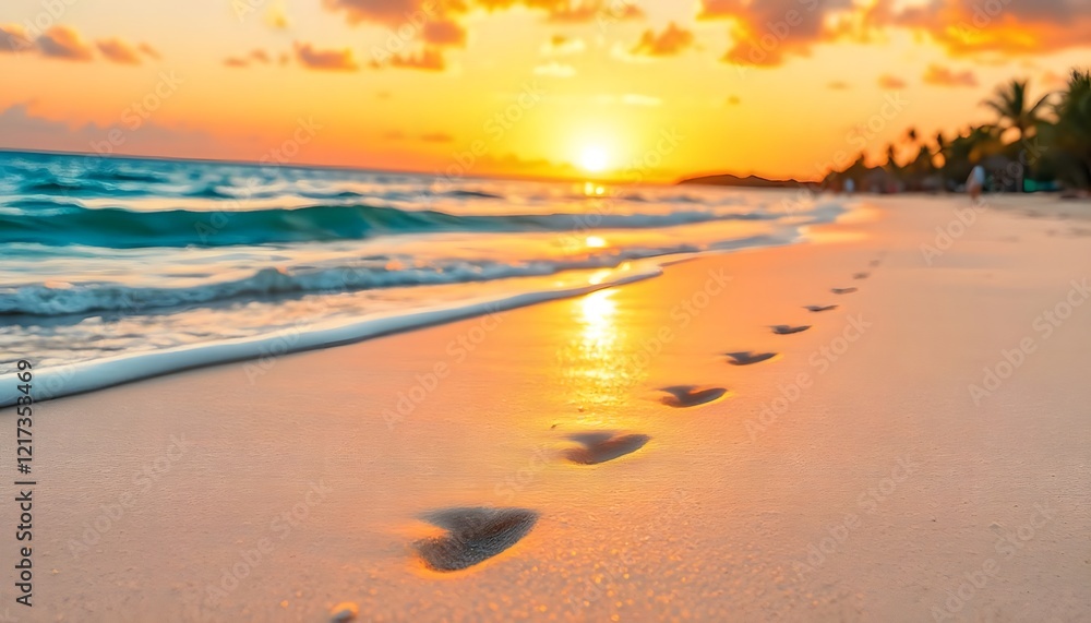 Footprints on the sandy beach at sunset with golden sky and calm turquoise sea waves Footprints on the sandy beach at sunset with golden sky and calm turquoise sea waves