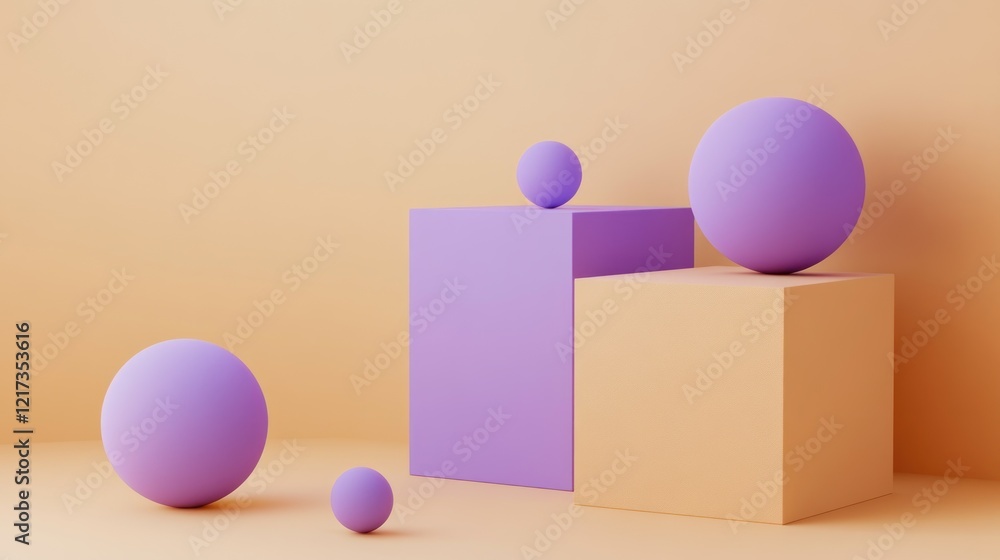 Pastel purple spheres on peach cubes against a peach background. Pastel purple spheres on peach cubes against a peach background.