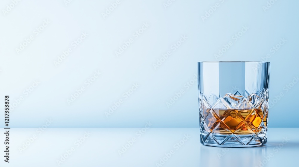 Glass of whiskey on a wooden table with molded glass design in the background and soft lighting Glass of whiskey on a wooden table with molded glass design in the background and soft lighting