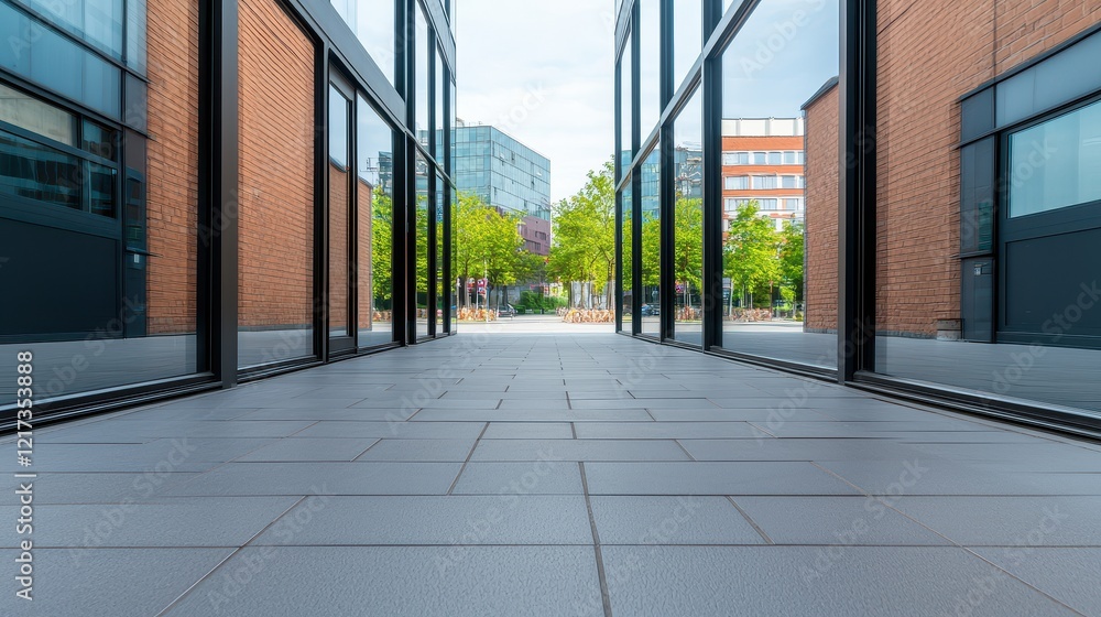Modern Glass Alley Surrounded by Sleek Architecture with Reflective Surfaces and Lush Greenery Modern Glass Alley Surrounded by Sleek Architecture with Reflective Surfaces and Lush Greenery