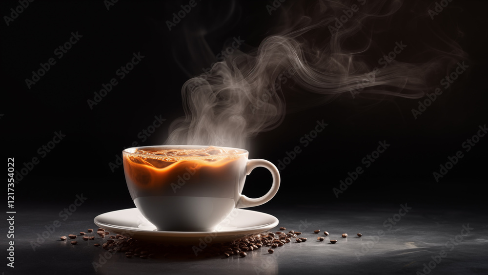 White cup of coffee with steam rising on dark background with coffee beans White cup of coffee with steam rising on dark background with coffee beans