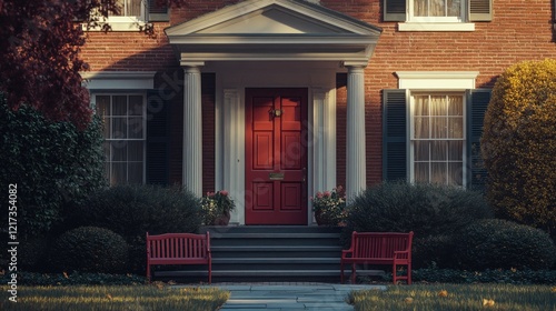 A stately brick colonial house surrounded by lush greenery and neatly trimmed hedges.
