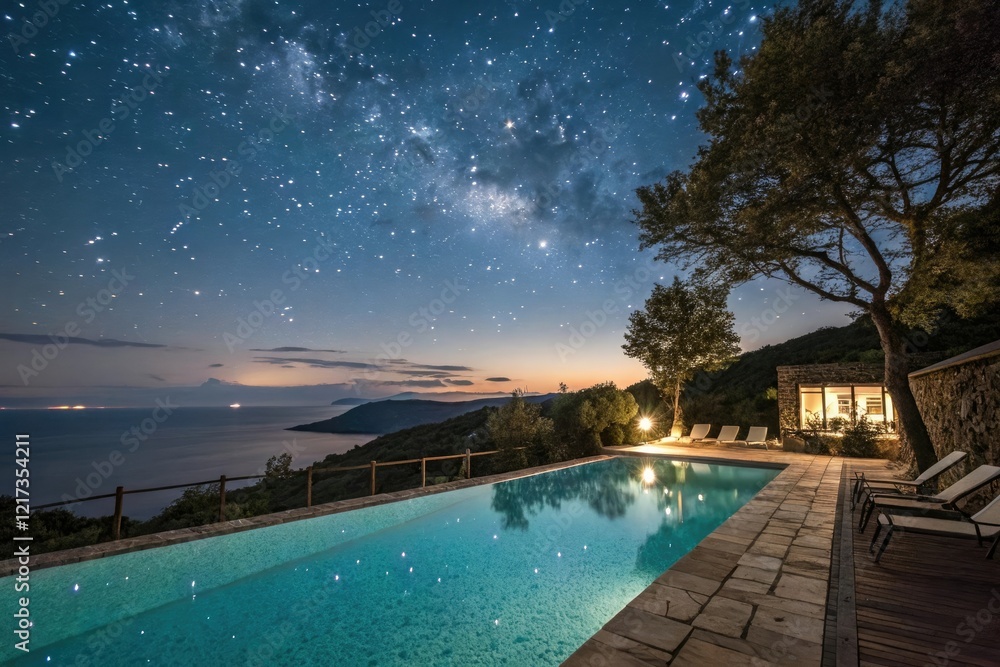 Fototapeta premium Glistening pool under starry night sky, serene ambiance, starry night sky