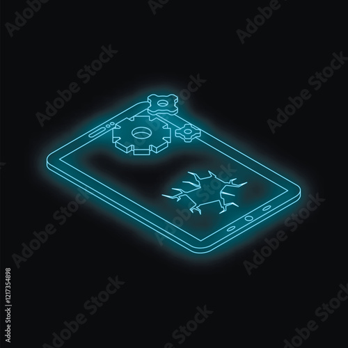 Neon isometric smartphone with cracked screen being repaired with rotating gears