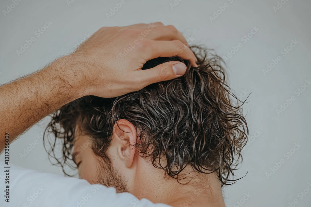 Naklejka premium A curly-haired man caring for his hair, styling it. Men's wavy hair styling.