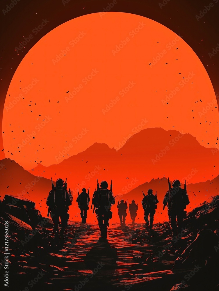 Fototapeta premium Silhouettes of soldiers at the front seen from behind, war scenes. Generative Ai