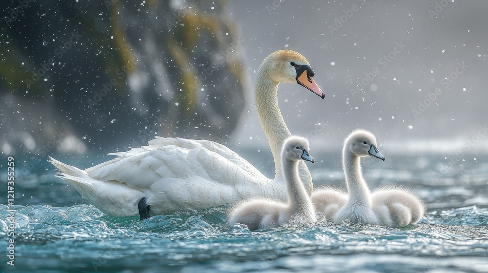 Obraz premium Adult Swan Protecting Two Cygnets Swimming