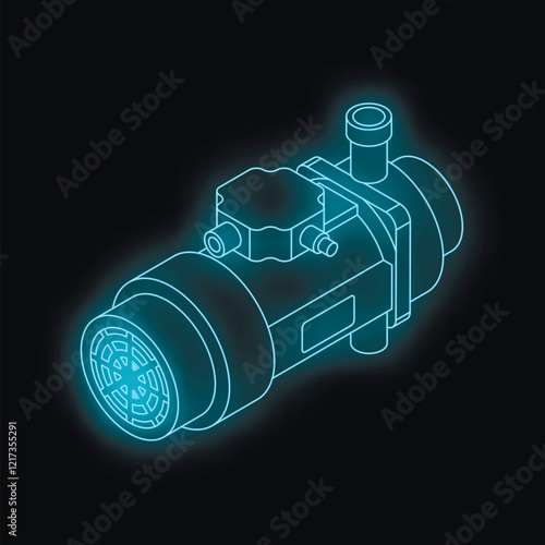 Electric water pump with glowing blue neon light effect is isolated on black background