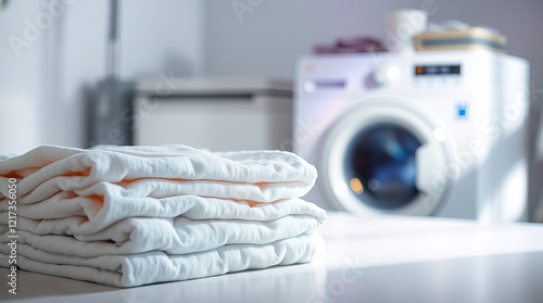 white table decorated with neatly folded piles of clean linen and towels in laundry room; washing machine in the background creating homely atmosphere in the room