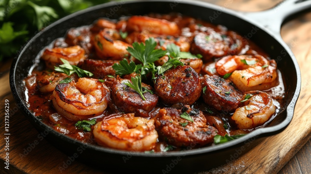 Sizzling Shrimp and Sausage Dish in Cast Iron Skillet Sizzling Shrimp and Sausage Dish in Cast Iron Skillet