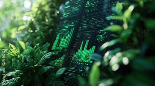 A digital landscape featuring vibrant green plants emerging from a dark, high-tech interface.